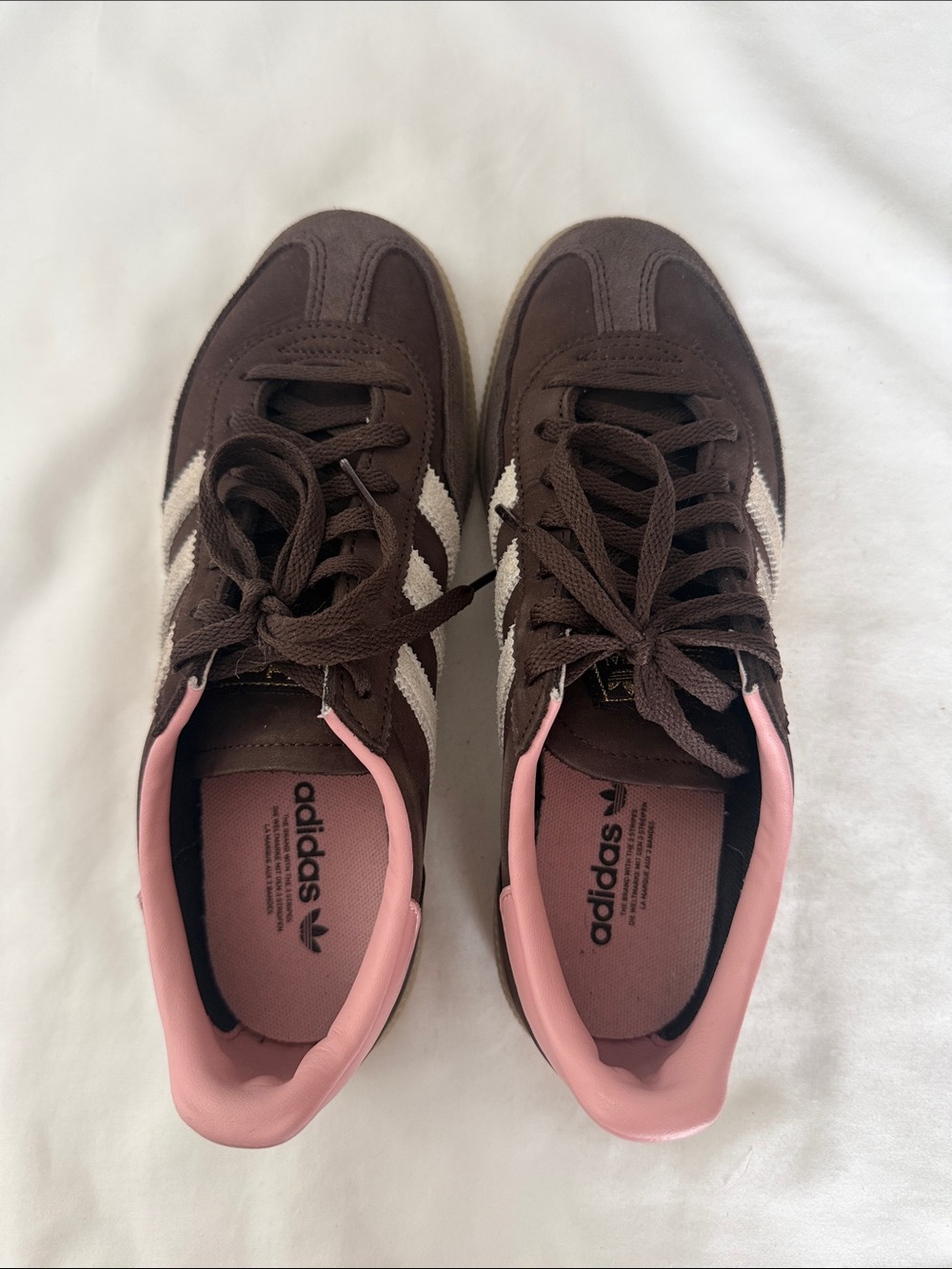 Adidas Brown Suede Sneakers with Pink Collar and White Stripes